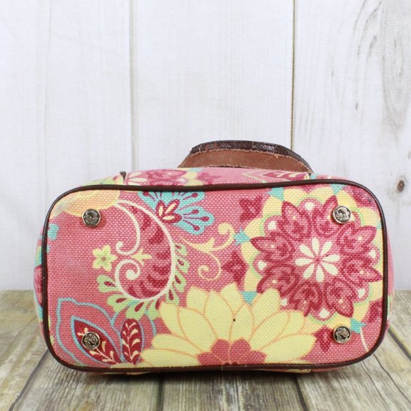 Spartina Pink Floral Canvas Brown Leather Trim Lined Shoulder Bag Size OS - Picture 6 of 12